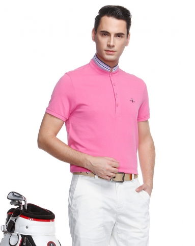 纯棉透气时尚立领男款粉红色短袖t恤