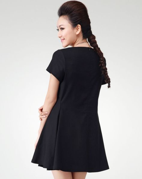 纤麦QIAN MAI女装专场黑色<em>提花淑女</em>短袖连衣