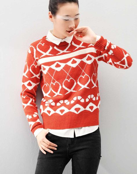 初语女装专场桔红<em>心型</em>图案撞色编织<em>毛衣</em>-唯品