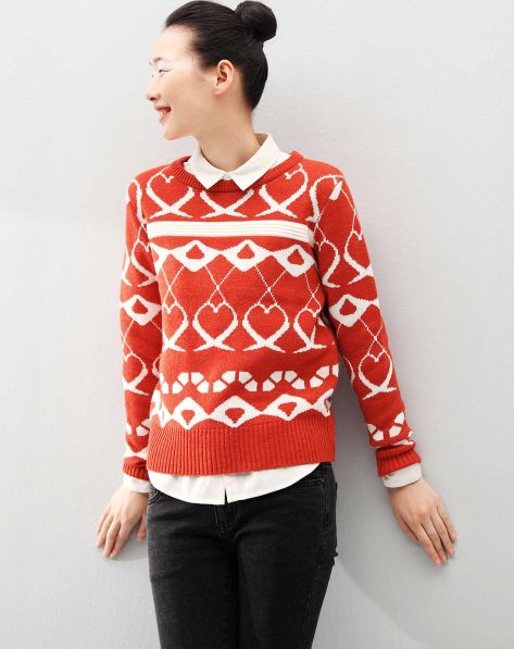 初语女装专场桔红<em>心型</em>图案撞色<em>编织毛衣</em>-唯品