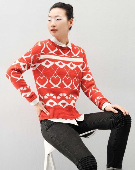 初语女装专场桔红<em>心型</em>图案撞色<em>编织毛衣</em>-唯品