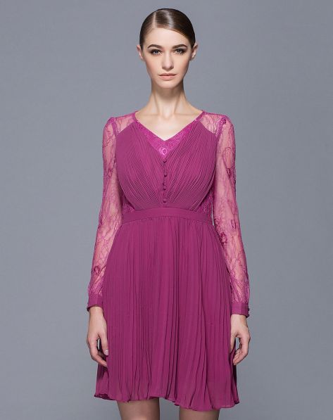 <em>ZIMMUR女装专场</em>紫红色长袖雪纺修身显瘦连衣