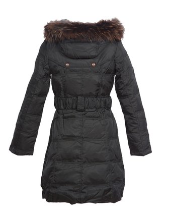 冰飞女款收腰修身黑色带毛领羽绒服