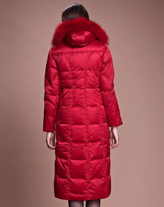 杰奥女士浅枣红狐狸毛领超长过膝羽绒服