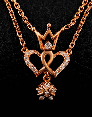 双心皇冠18k玫瑰金钻石双套链