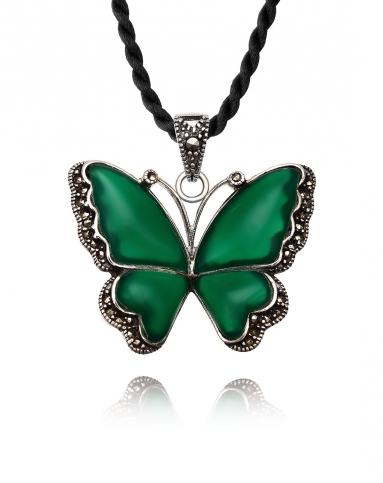 手工泰银绿宝石吊坠-蝴蝶