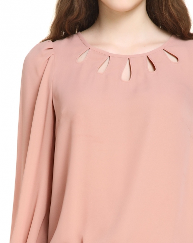 暗粉色淑女斯文镂空长袖上衣