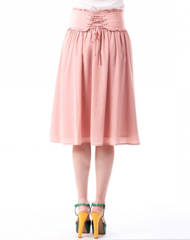 藕粉色纯色复古休闲中长裙