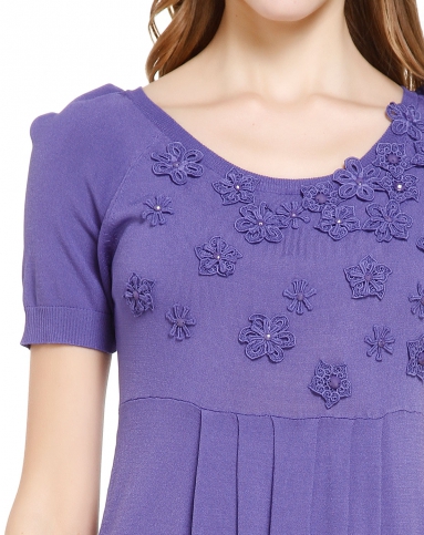 紫蓝色贴花时尚短袖针织连衣裙