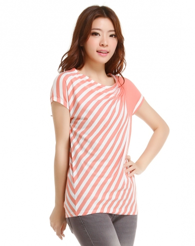 etam 单边层叠粉白条纹短袖t恤衫