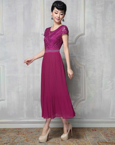 紫红色蕾丝拼接长裙-唯品会