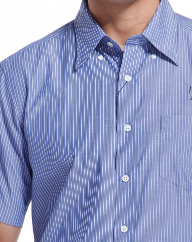 浅墨蓝色斯文稳重竖条纹短袖衬衫