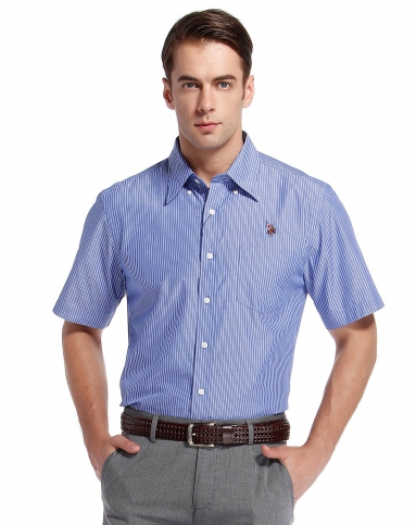 浅墨蓝色斯文稳重竖条纹短袖衬衫