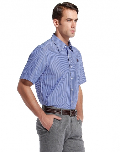 浅墨蓝色斯文稳重竖条纹短袖衬衫