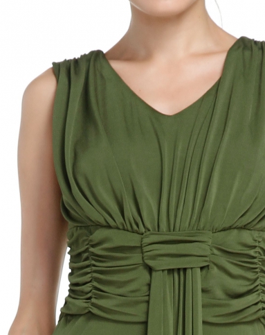 飘逸气质v领纯墨绿色无袖连衣裙