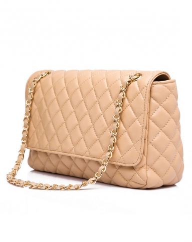 浅杏色细纹羊皮菱格单肩包