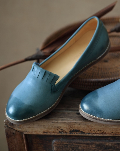 蓝色新款复古鞋口卷流苏牛皮单鞋