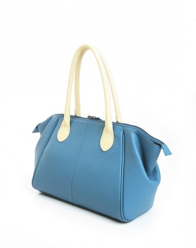 女款蓝配米白色头层牛皮休闲时尚手挽包