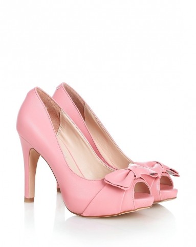 粉色真皮鱼嘴蝴蝶结浅口高跟鞋