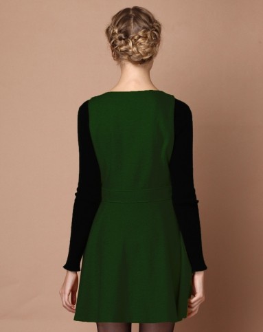 纽扣装饰简约深绿色无袖连衣裙