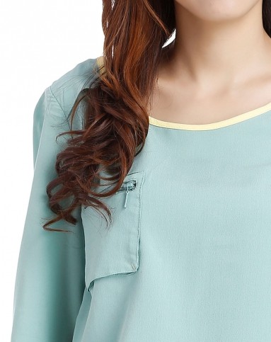 豆绿色圆领休闲中袖雪纺上衣