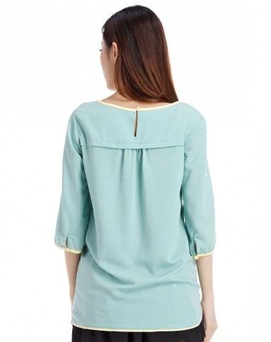 豆绿色圆领休闲中袖雪纺上衣