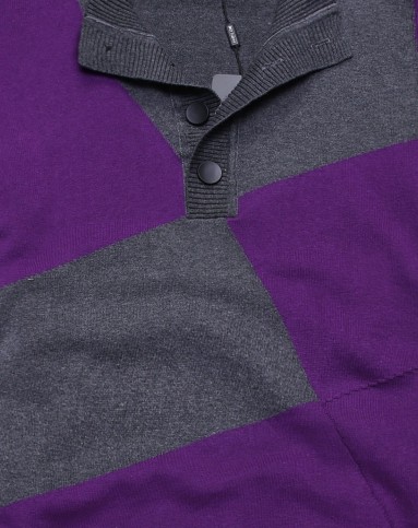 紫色撞色立领长袖针织开衫