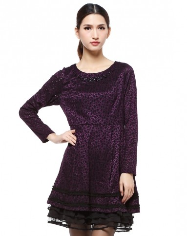 紫/黑色圆领优雅长袖连衣裙