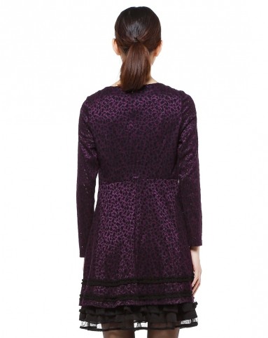 紫/黑色圆领优雅长袖连衣裙