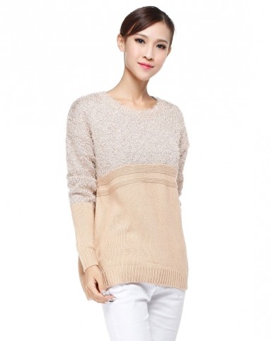 杏黄色优雅拼接长袖针织衫