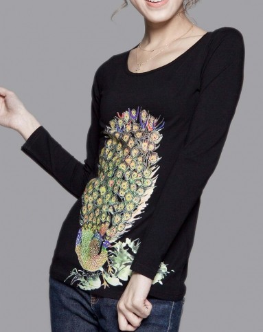 女黑色开屏孔雀长袖时尚t恤